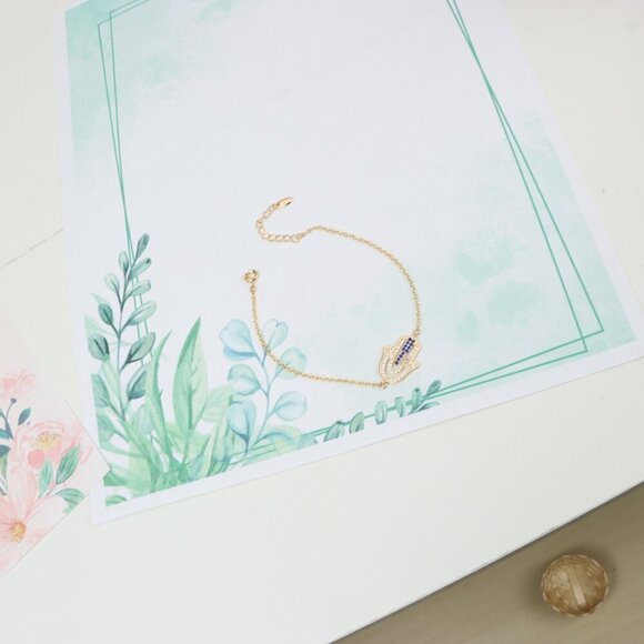 "Elegant Hamsa Hand Charm Rose Gold Bracelet with Blue Accents, XPBL0852 - Picture 3 of 12